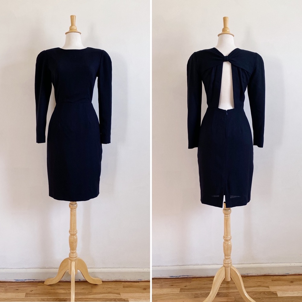 Vintage 80s Nipon Boutique Navy Blue Backless Wool Dress Size Small